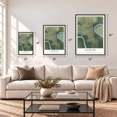 Los Ebanos, Hidalgo County, Texas map in 12 x 18, 18 x 24 and 24 x 36 inch sizes above a sofa