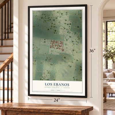 Los Ebanos, Starr County, Texas map, 24 x 36 inch print in a black frame by a staircase
