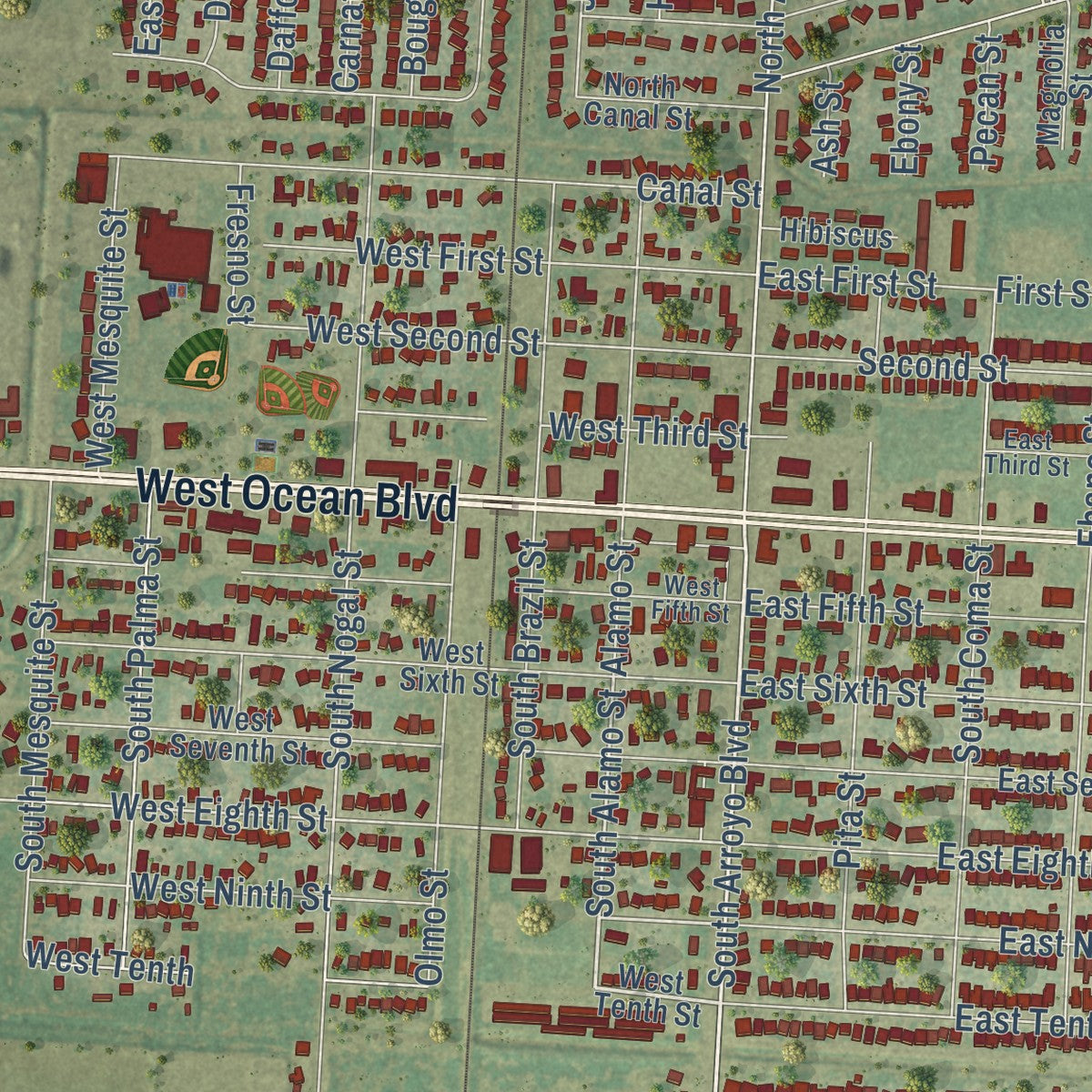 Close-up of the map of Los Fresnos, Texas print showing street and building detail