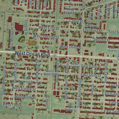 Close-up of the map of Los Fresnos, Texas print showing street and building detail