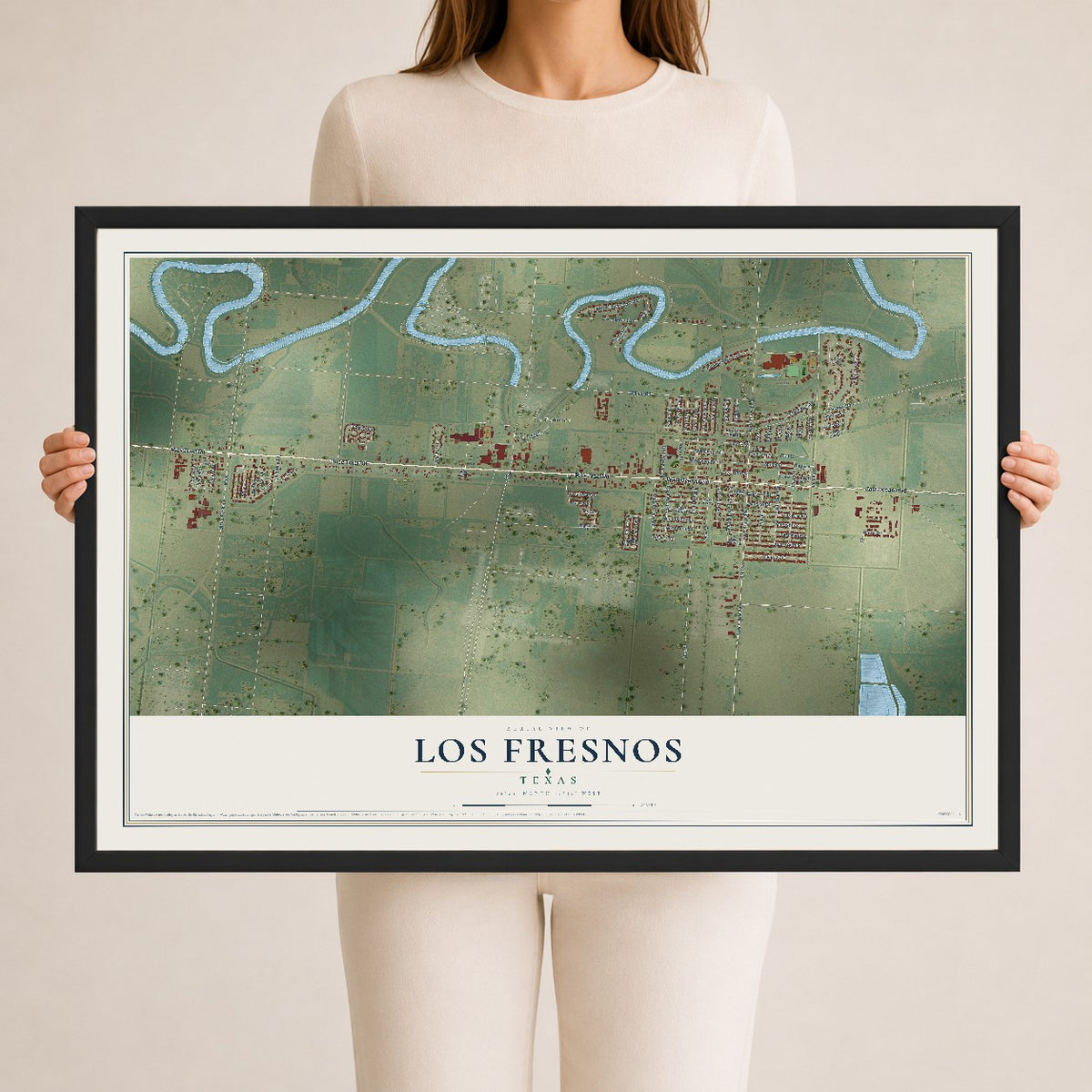 Map of Los Fresnos, Texas, 24 x 36 inch print in a black wood frame