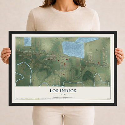 Map of Los Indios, Texas, 12 x 18 inch print in a black wood frame