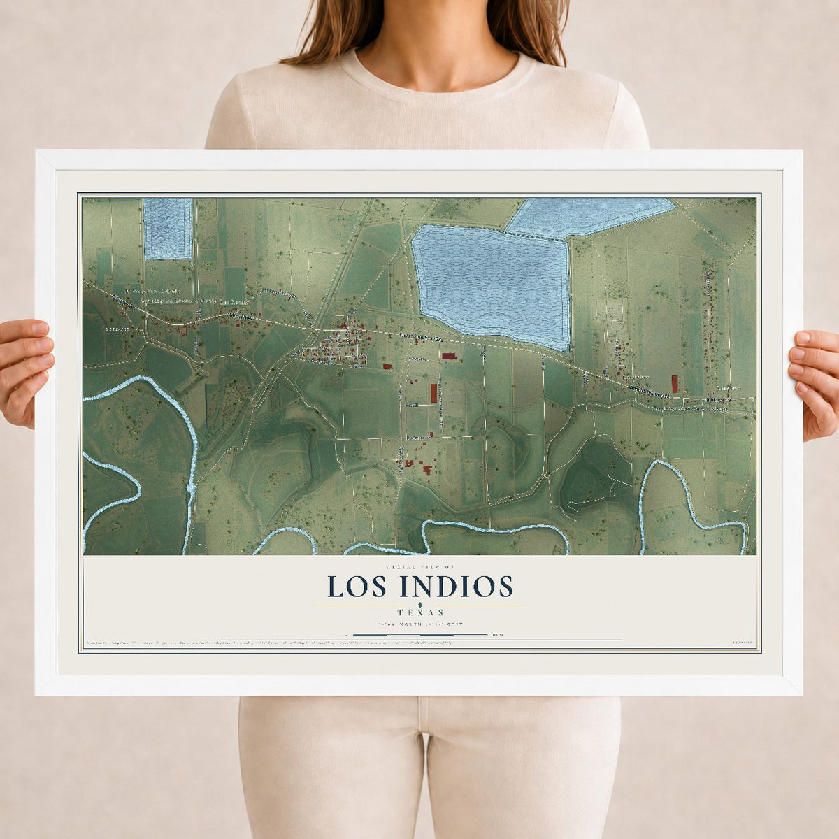 Map of Los Indios, Texas, 18 x 24 inch print in a white wood frame