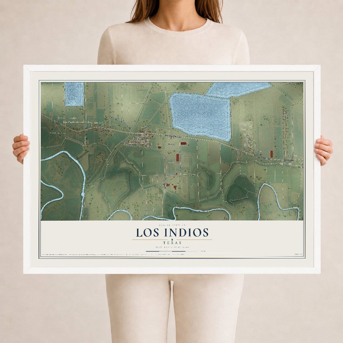 Map of Los Indios, Texas, 24 x 36 inch print in a white wood frame