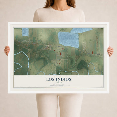 Map of Los Indios, Texas, 24 x 36 inch print in a white wood frame