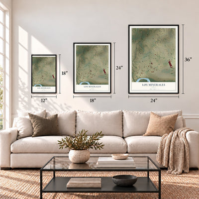 Los Minerales, Texas map in 12 x 18, 18 x 24 and 24 x 36 inch sizes above a sofa