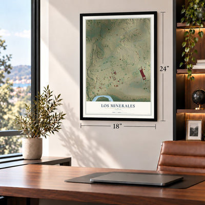 Los Minerales, Texas map, 18 x 24 inch print in a black frame in a home office