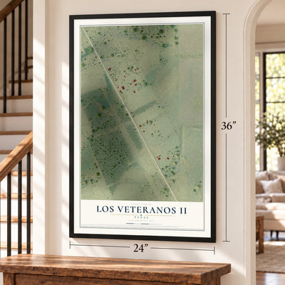 Los Veteranos II, Texas map, 24 x 36 inch print in a black frame by a staircase