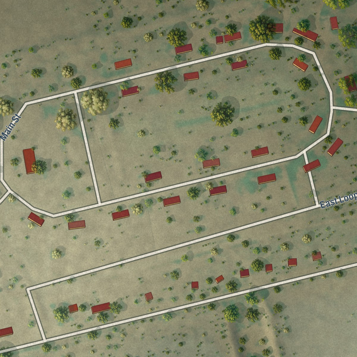 Close-up of the map of Los Ybanez, Texas print showing street and building detail