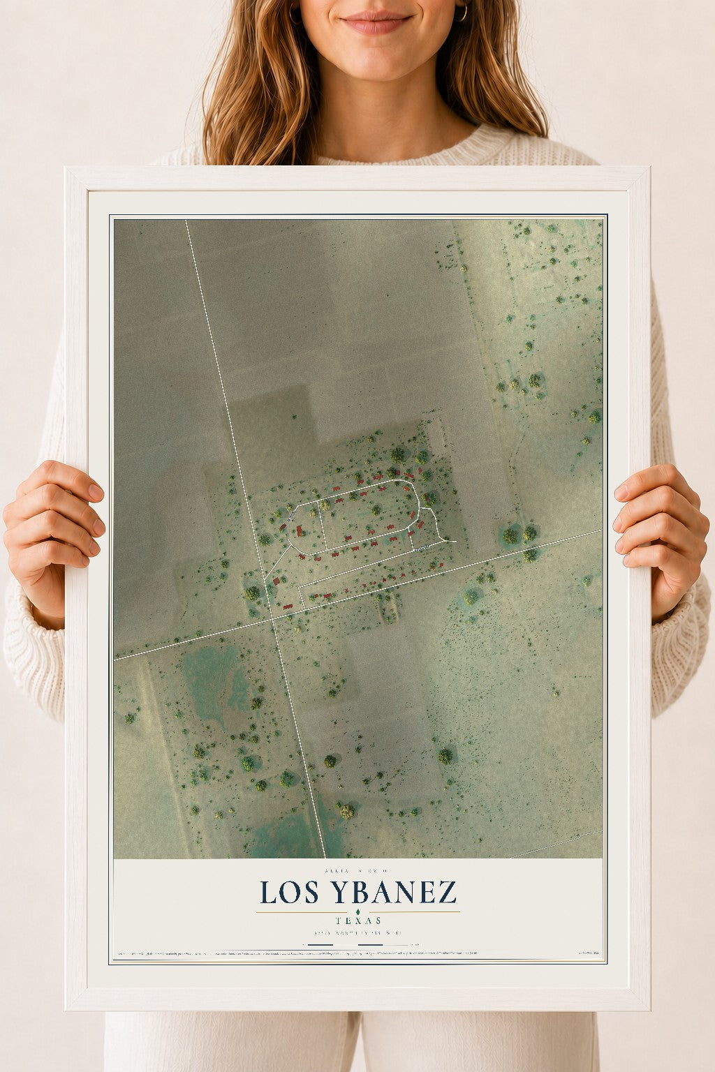Map of Los Ybanez, Texas, 18 x 24 inch print in a white wood frame