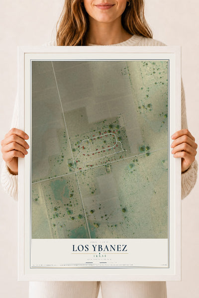 Map of Los Ybanez, Texas, 18 x 24 inch print in a white wood frame