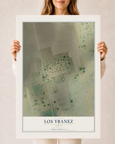 Map of Los Ybanez, Texas, 24 x 36 inch print in a white wood frame