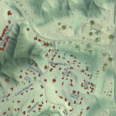 Close-up of the map of Lost Creek, Texas print showing street and building detail