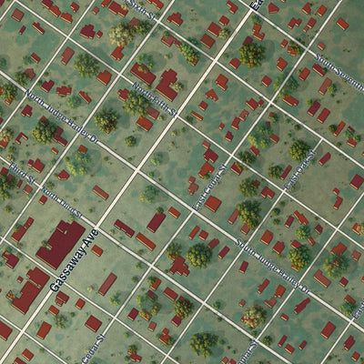 Close-up of the map of Lott, Texas print showing street and building detail