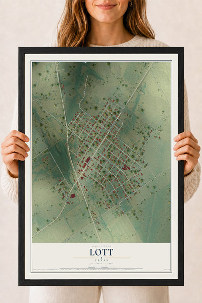 Map of Lott, Texas, 18 x 24 inch print in a black wood frame