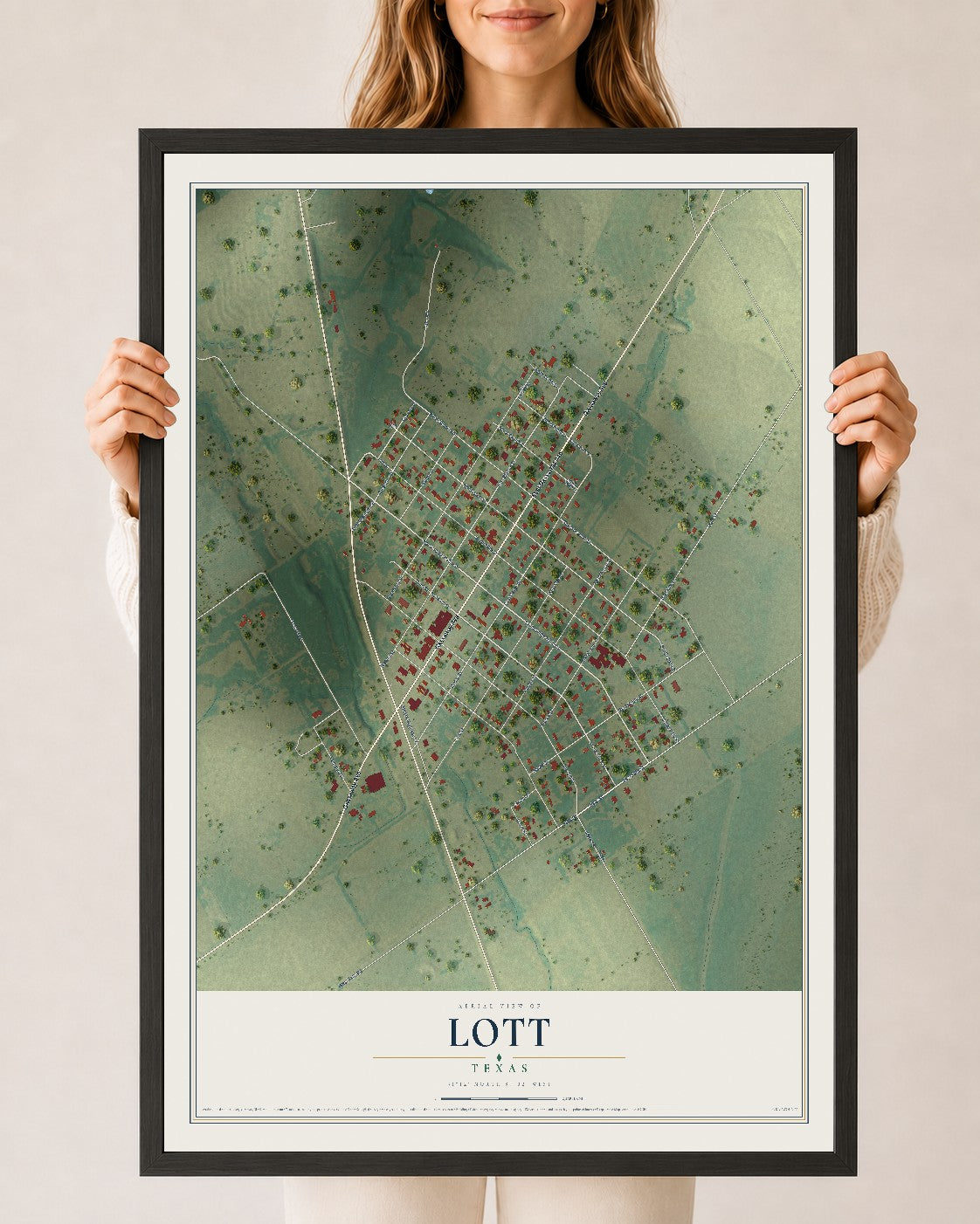 Map of Lott, Texas, 24 x 36 inch print in a black wood frame