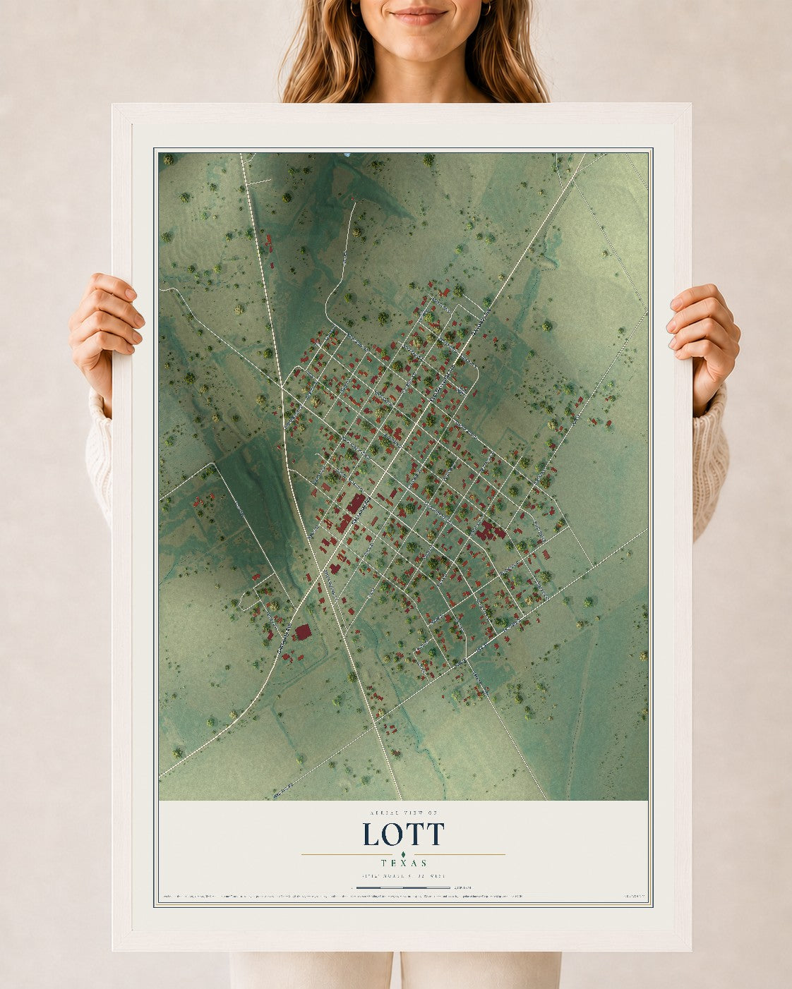 Map of Lott, Texas, 24 x 36 inch print in a white wood frame