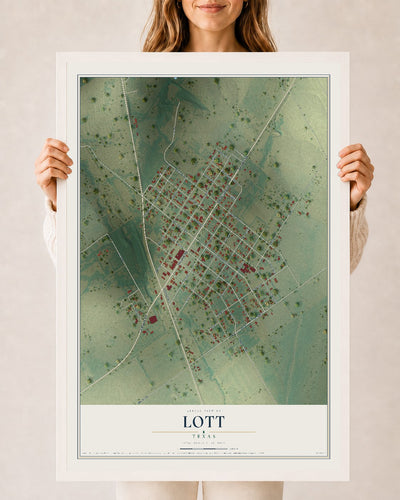 Map of Lott, Texas, 24 x 36 inch print in a white wood frame