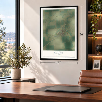 Louise, Texas map, 18 x 24 inch print in a black frame in a home office