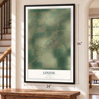 Louise, Texas map, 24 x 36 inch print in a black frame by a staircase