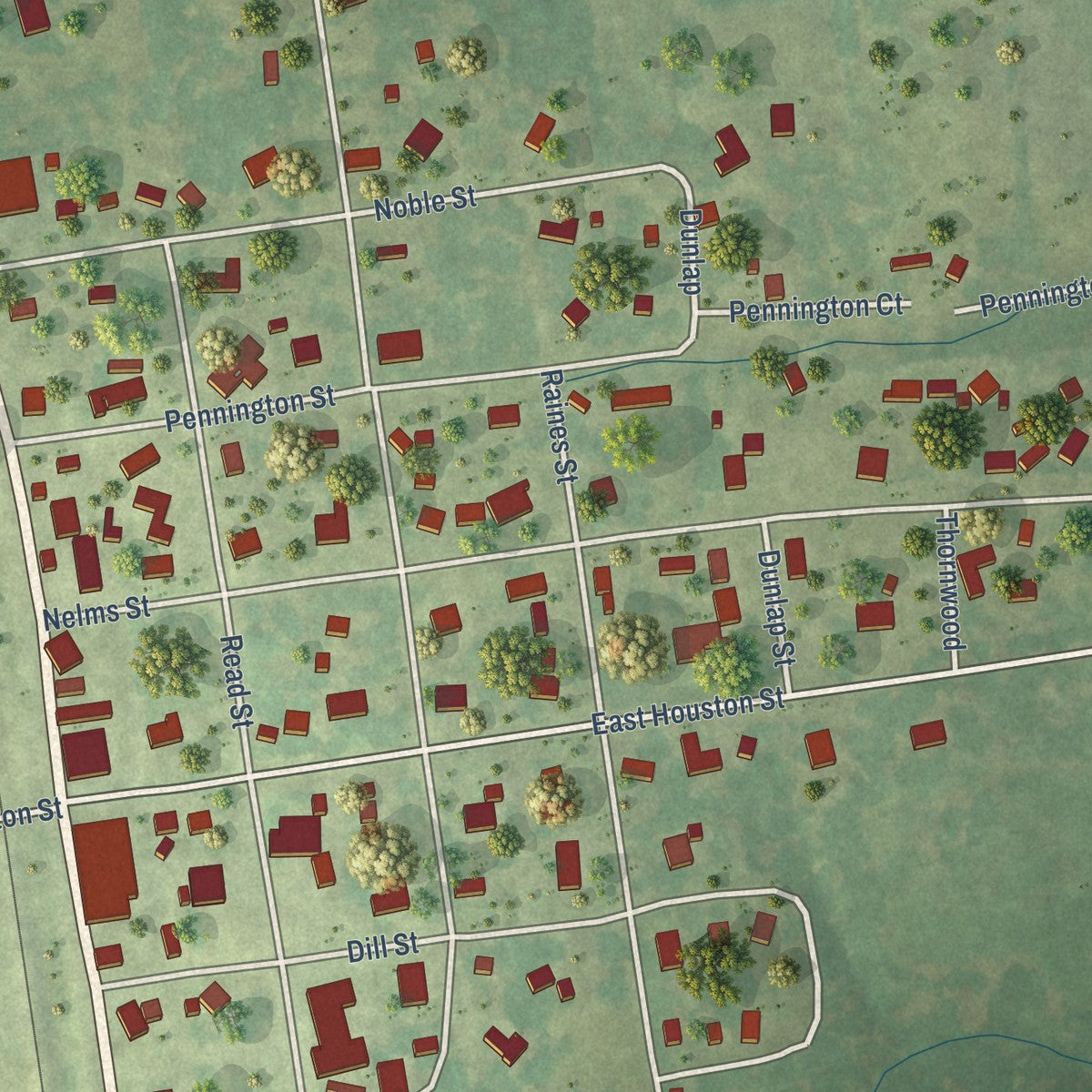 Close-up of the map of Lovelady, Texas print showing street and building detail