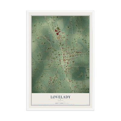 Map of Lovelady, Texas, 12 x 18 inch print in a white wood frame