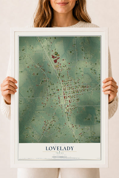 Map of Lovelady, Texas, 18 x 24 inch print in a white wood frame