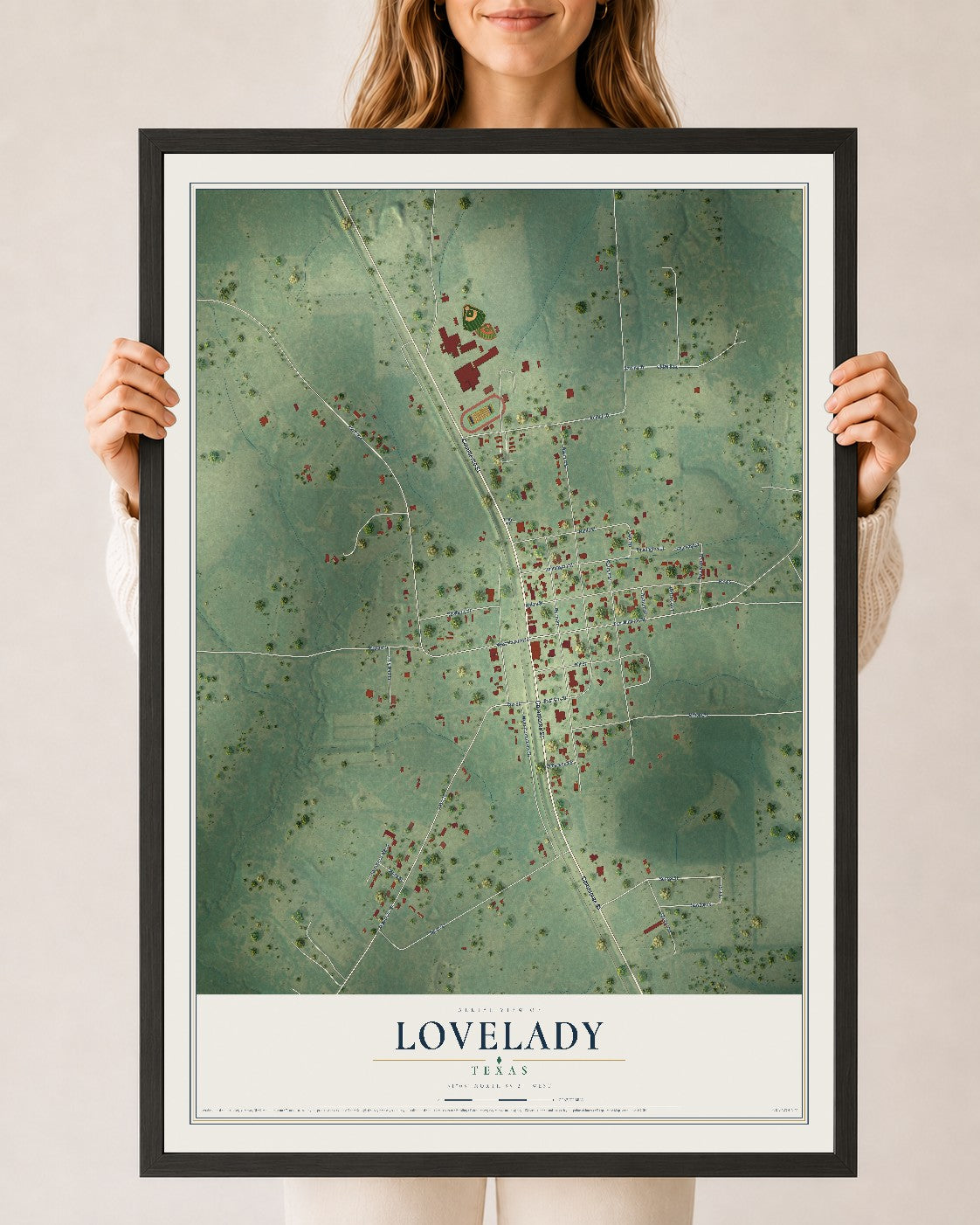 Map of Lovelady, Texas, 24 x 36 inch print in a black wood frame