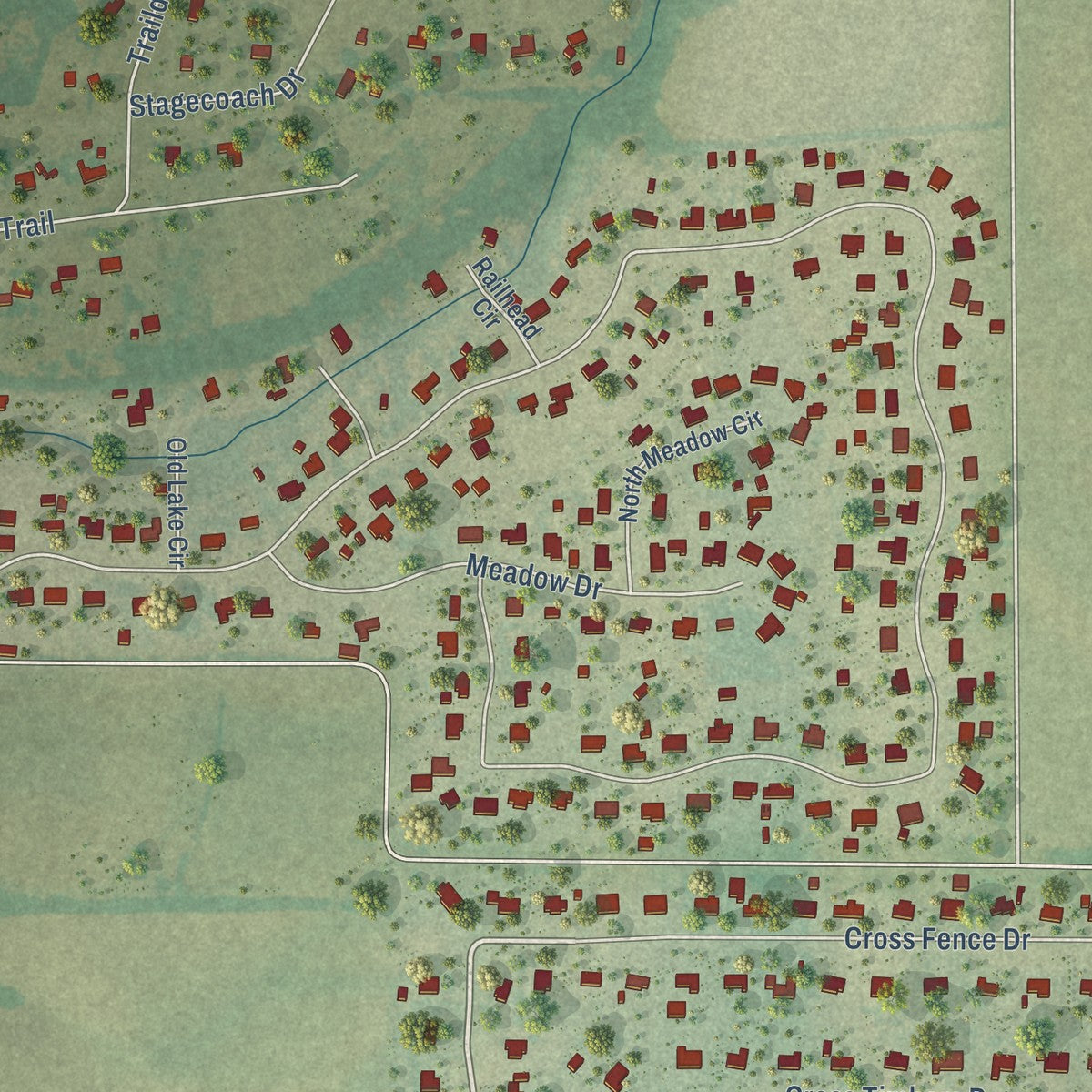 Close-up of the map of Lowry Crossing, Texas print showing street and building detail