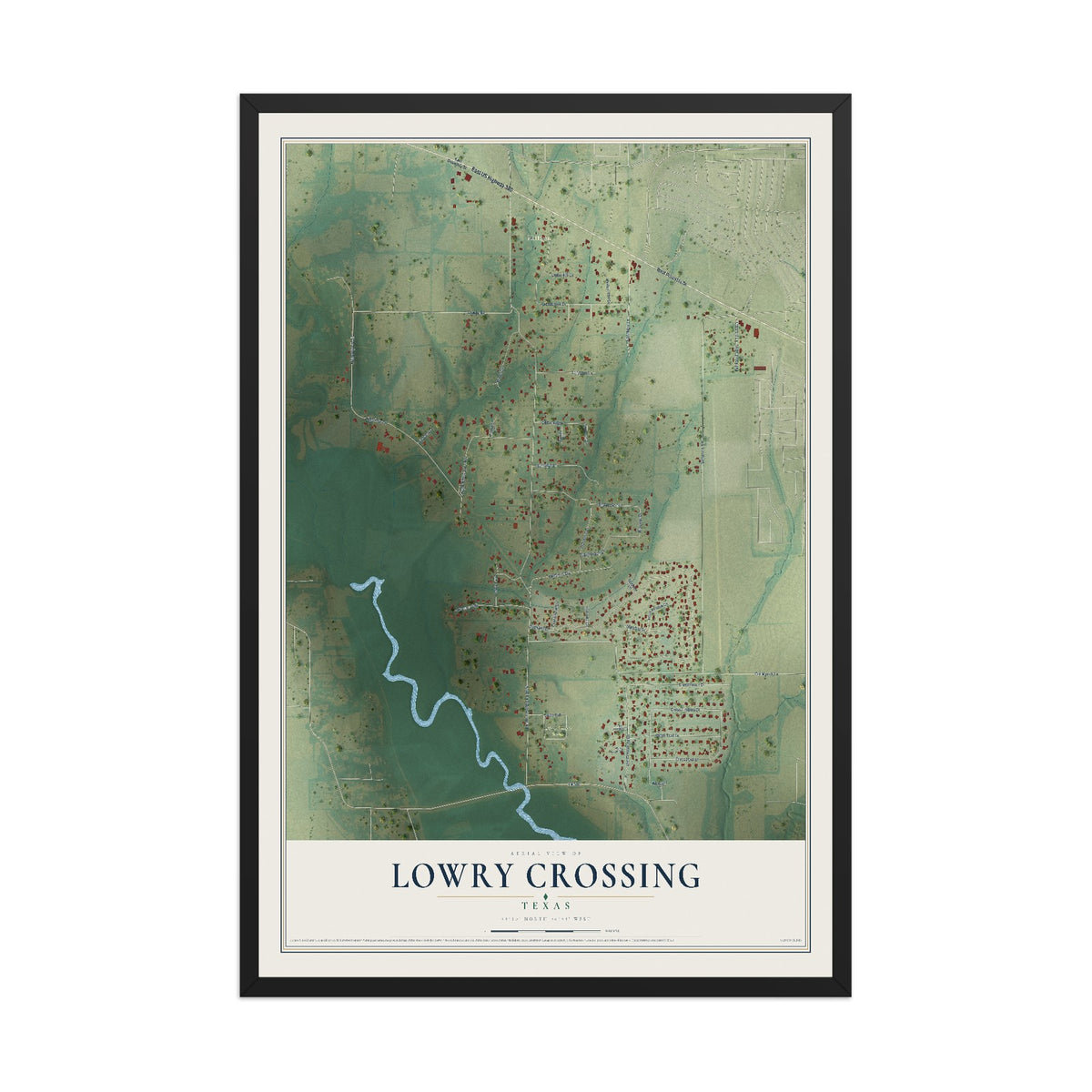 Map of Lowry Crossing, Texas, 12 x 18 inch print in a black wood frame