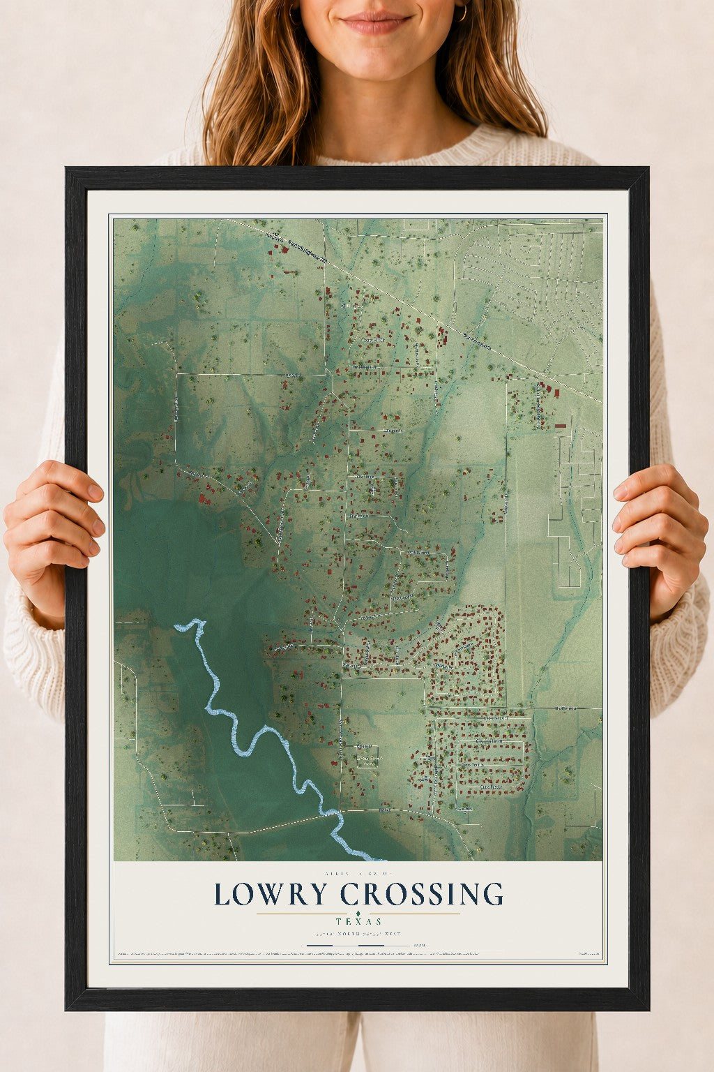 Map of Lowry Crossing, Texas, 18 x 24 inch print in a black wood frame