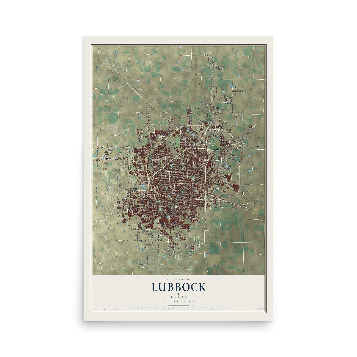 Map of Lubbock, Texas, 12 x 18 inch unframed archival matte print