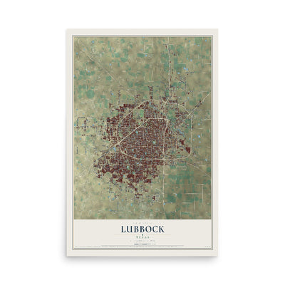 Map of Lubbock, Texas, 12 x 18 inch unframed archival matte print