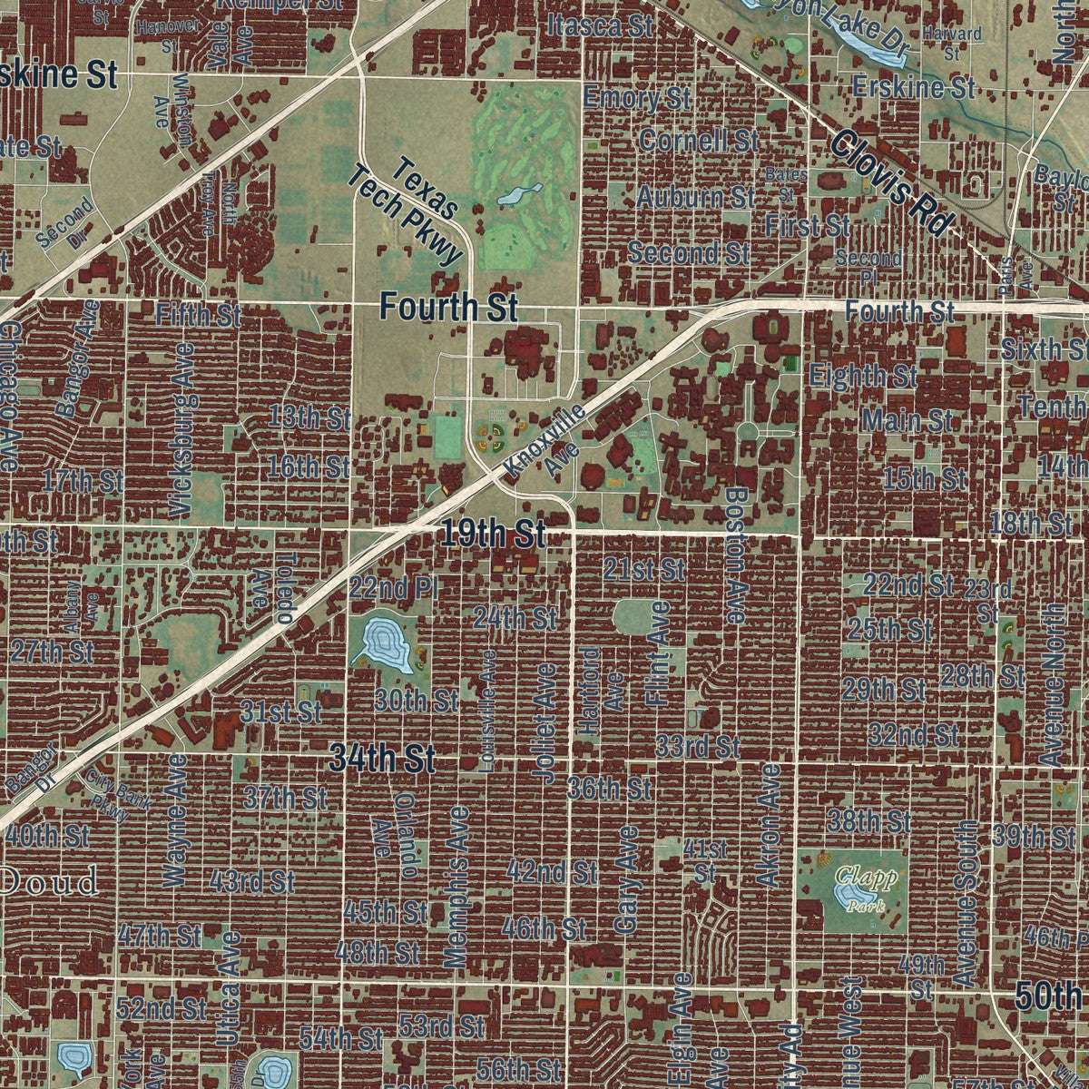 Close-up of the map of Lubbock, Texas print showing street and building detail