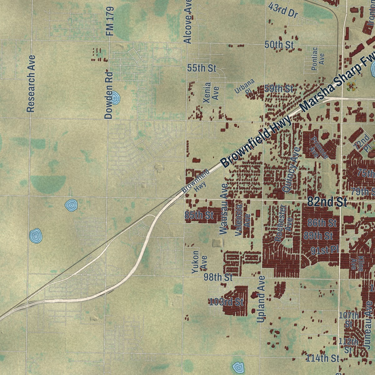 Second close-up of the map of Lubbock, Texas print showing more streets and buildings