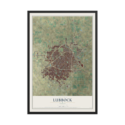Map of Lubbock, Texas, 12 x 18 inch print in a black wood frame