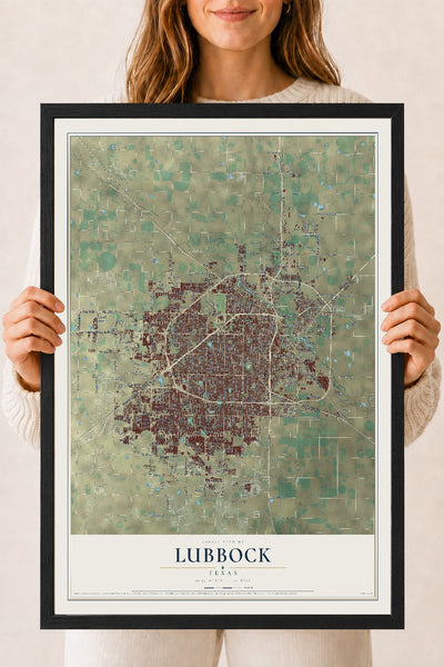 Map of Lubbock, Texas, 18 x 24 inch print in a black wood frame