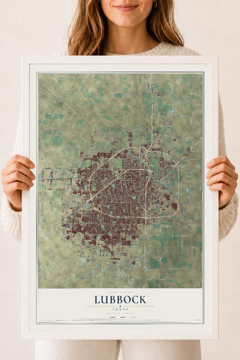 Map of Lubbock, Texas, 18 x 24 inch print in a white wood frame
