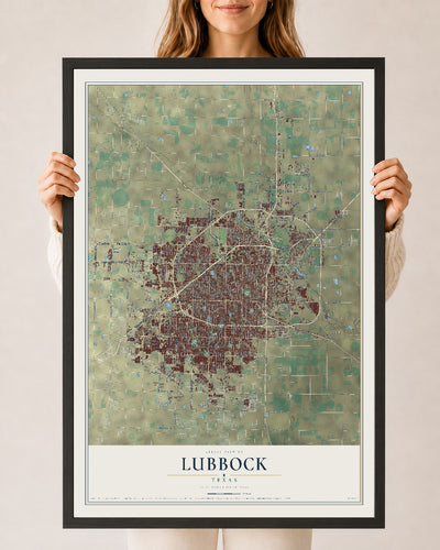 Map of Lubbock, Texas, 24 x 36 inch print in a black wood frame
