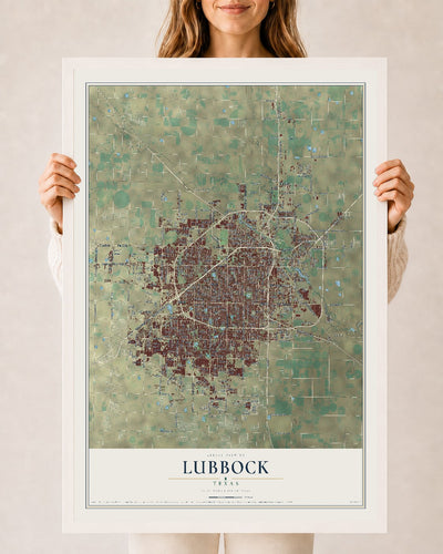 Map of Lubbock, Texas, 24 x 36 inch print in a white wood frame