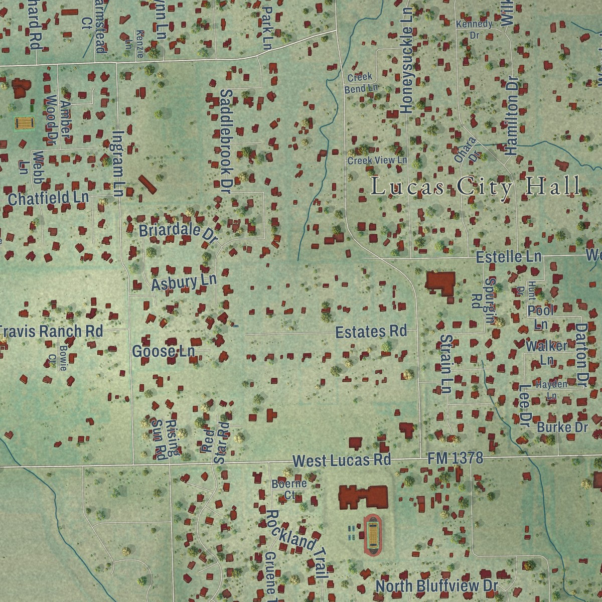 Close-up of the map of Lucas, Texas print showing street and building detail