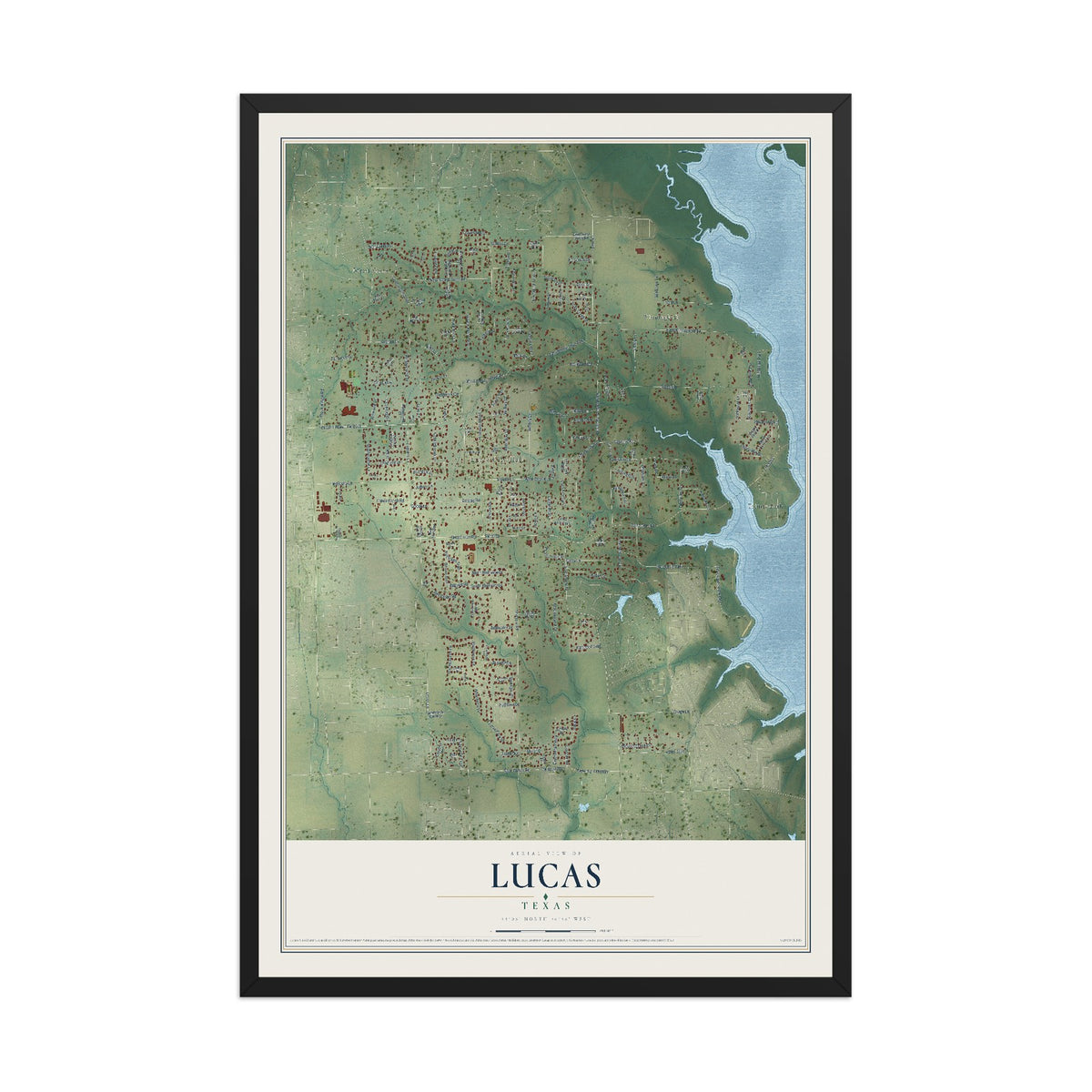 Map of Lucas, Texas, 12 x 18 inch print in a black wood frame