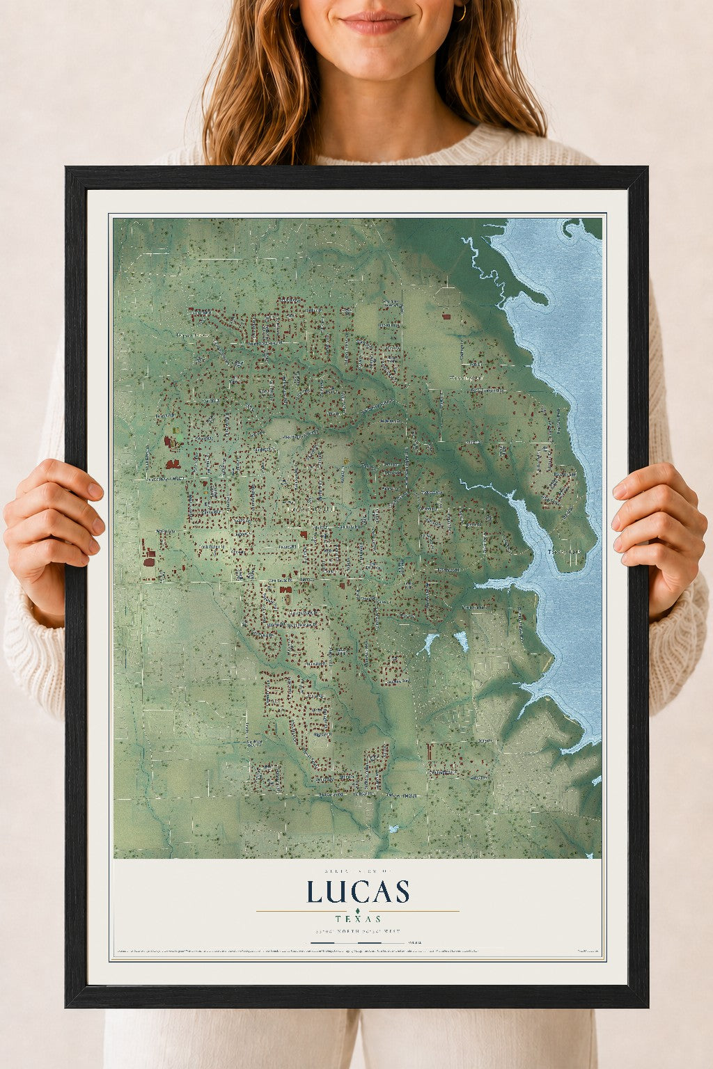 Map of Lucas, Texas, 18 x 24 inch print in a black wood frame