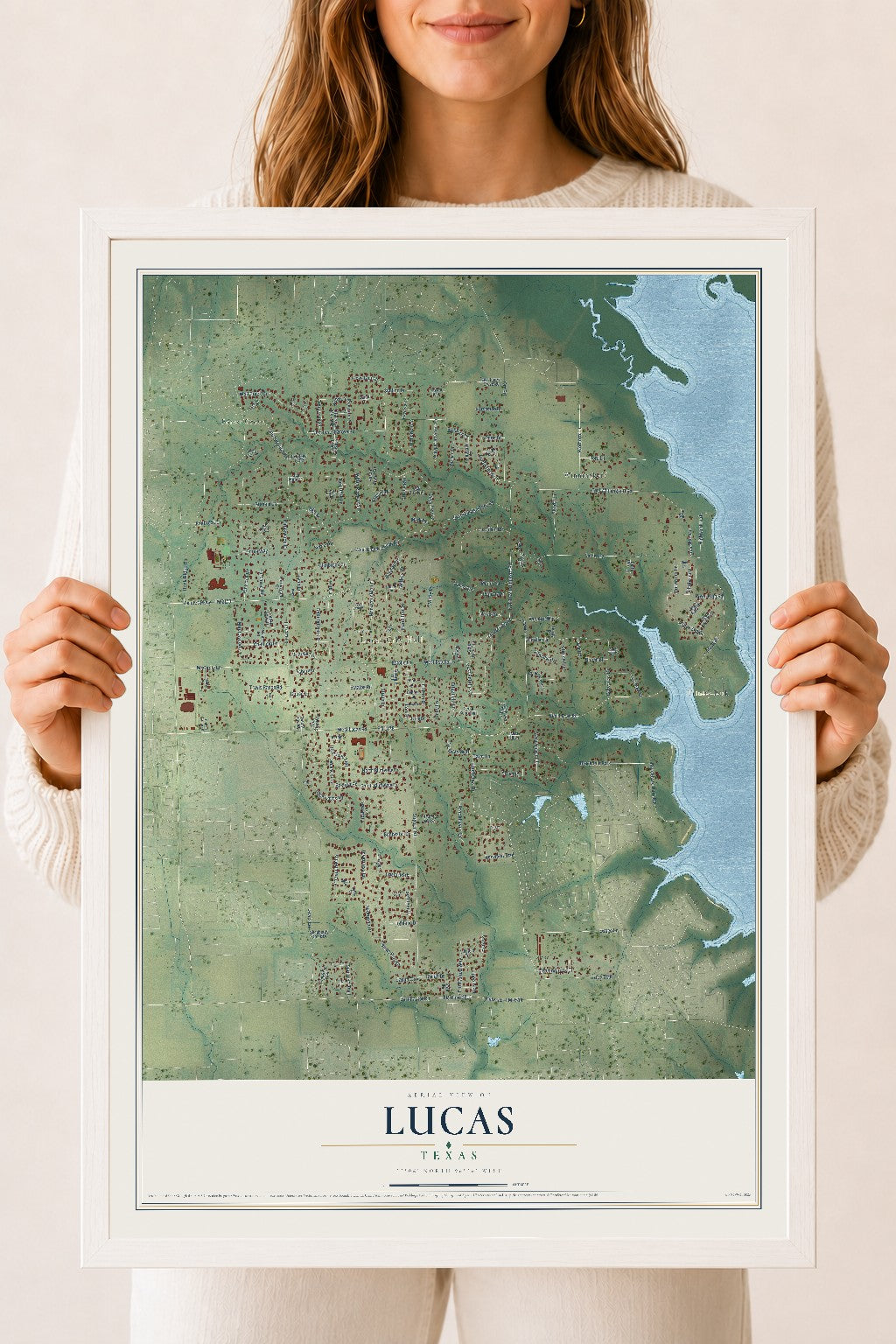 Map of Lucas, Texas, 18 x 24 inch print in a white wood frame