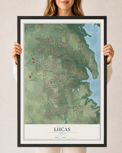 Map of Lucas, Texas, 24 x 36 inch print in a black wood frame
