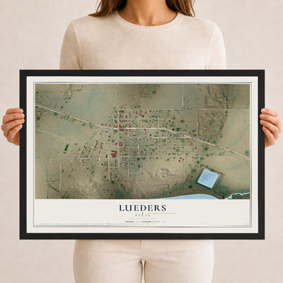 Map of Lueders, Texas, 12 x 18 inch print in a black wood frame