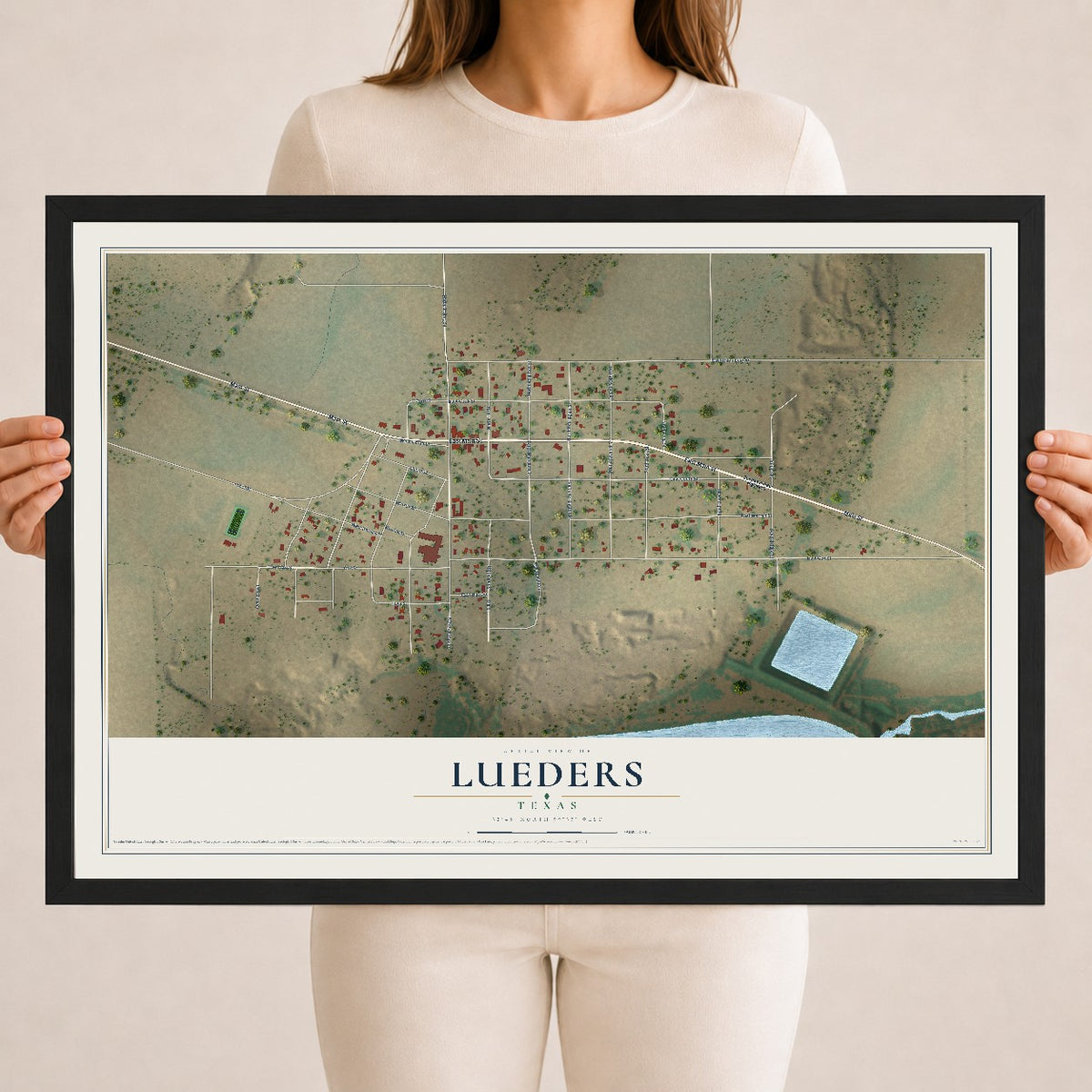 Map of Lueders, Texas, 18 x 24 inch print in a black wood frame