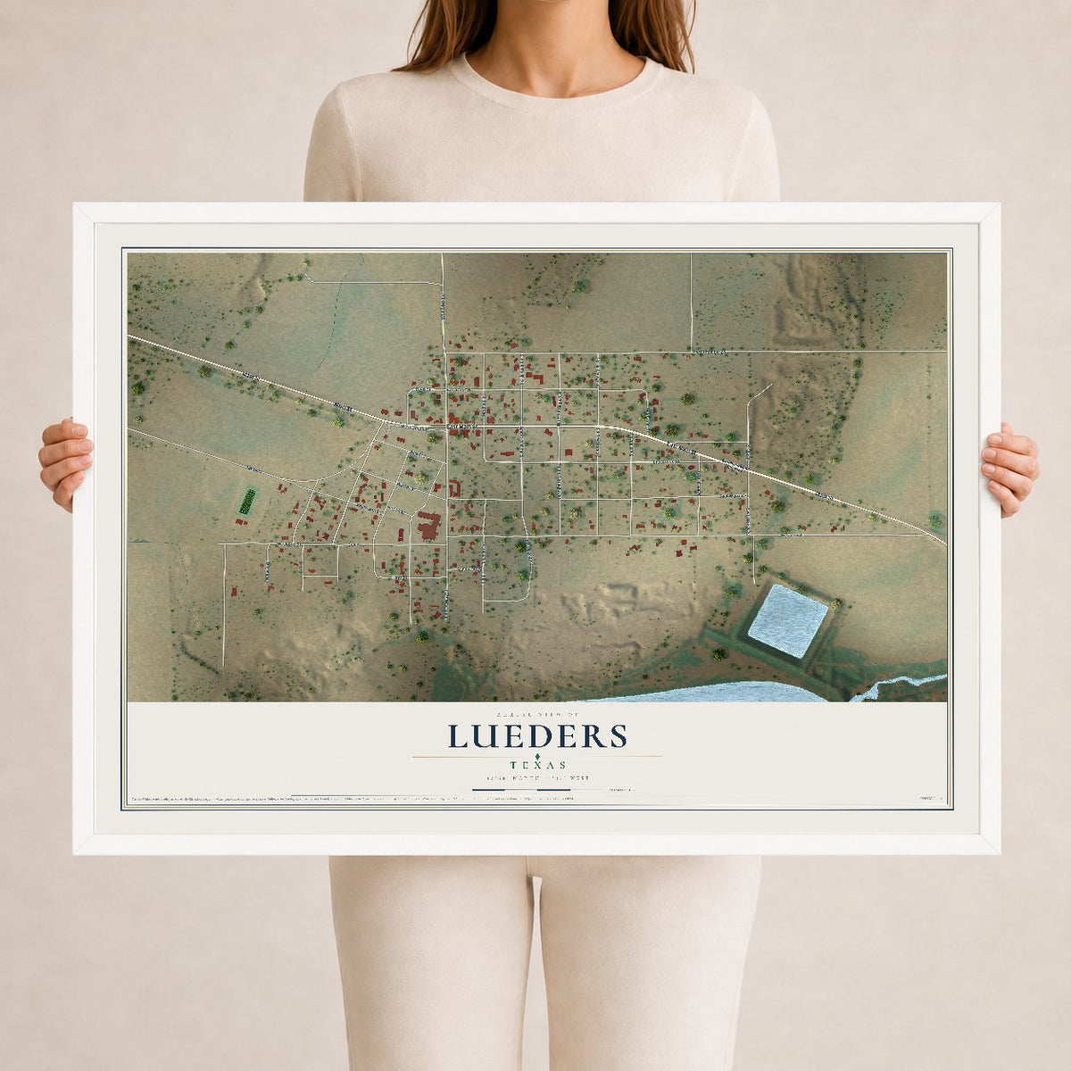 Map of Lueders, Texas, 24 x 36 inch print in a white wood frame