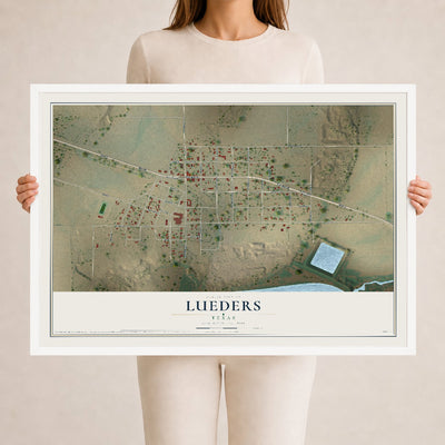 Map of Lueders, Texas, 24 x 36 inch print in a white wood frame