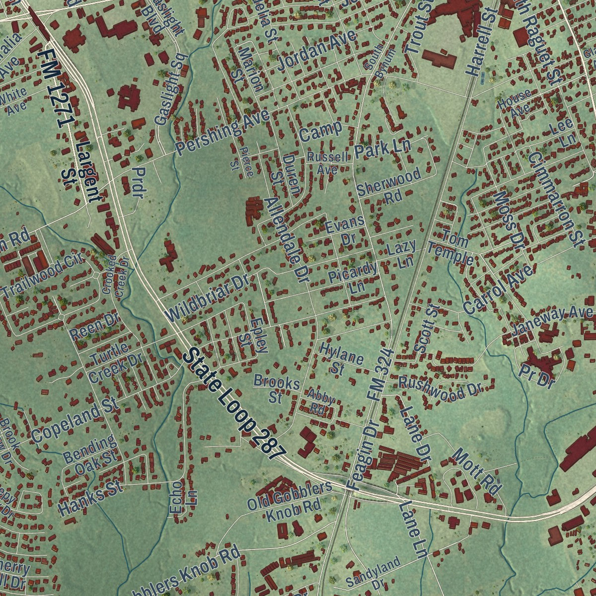 Second close-up of the map of Lufkin, Texas print showing more streets and buildings